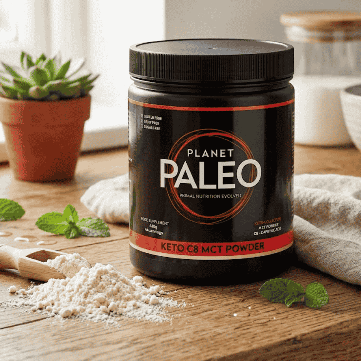 Balení sušeného C8 MCT oleje Planet Paleo vedle kokosového ořechu a nápoje připraveného s MCT práškem.